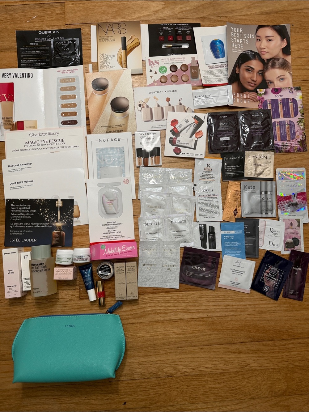 Assorted Beauty Samples Lot with Turquoise Cosmetic Pouch